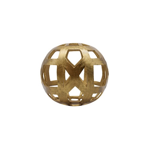 Small Round Metal Ball With Geo Cutouts In Textured Brass