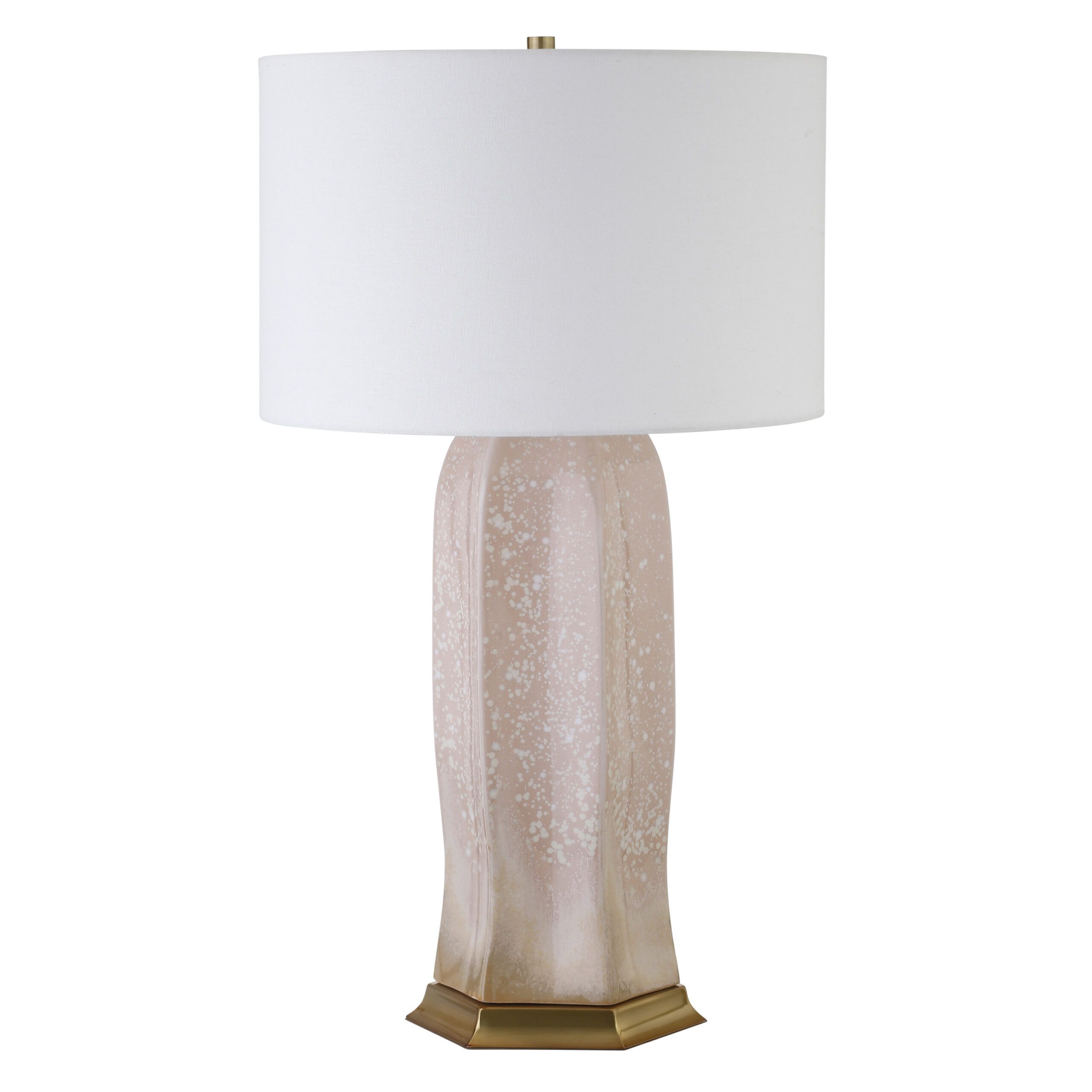 Ceramic Table Lamp With Satin Brass Base In Blush Reactive Glaze