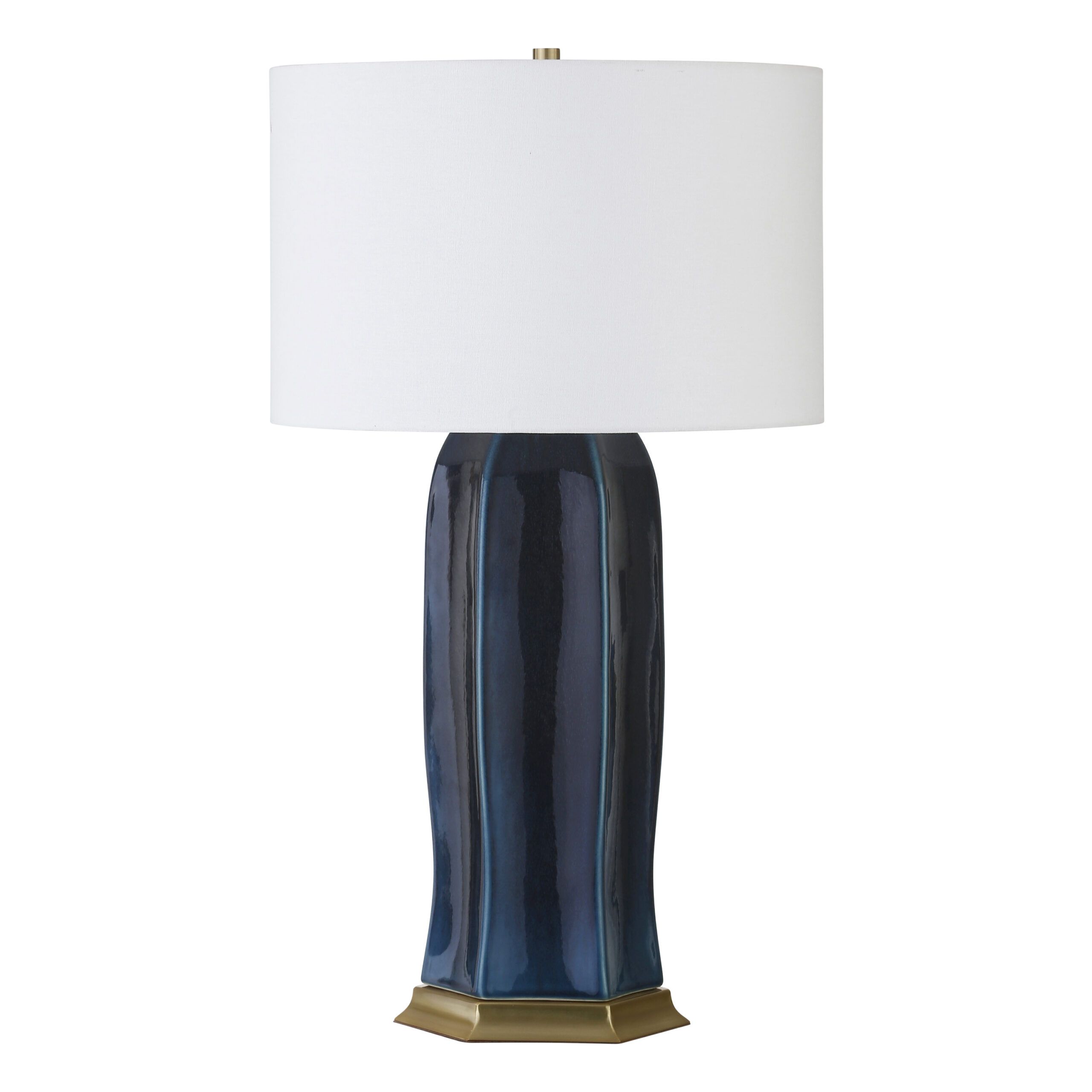 Ceramic Table Lamp With Satin Brass Base In Gloss Navy Glaze