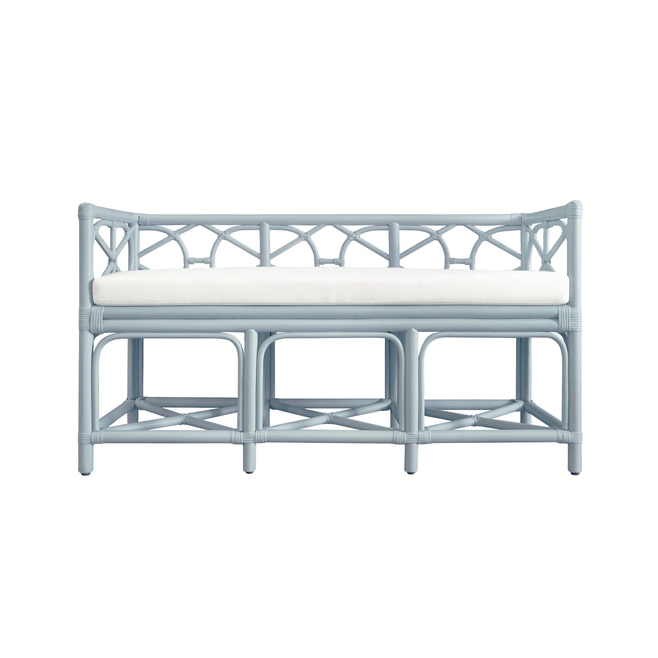 Decorative Bench With Performance Ivory Cushion In Rattan In Light Blue