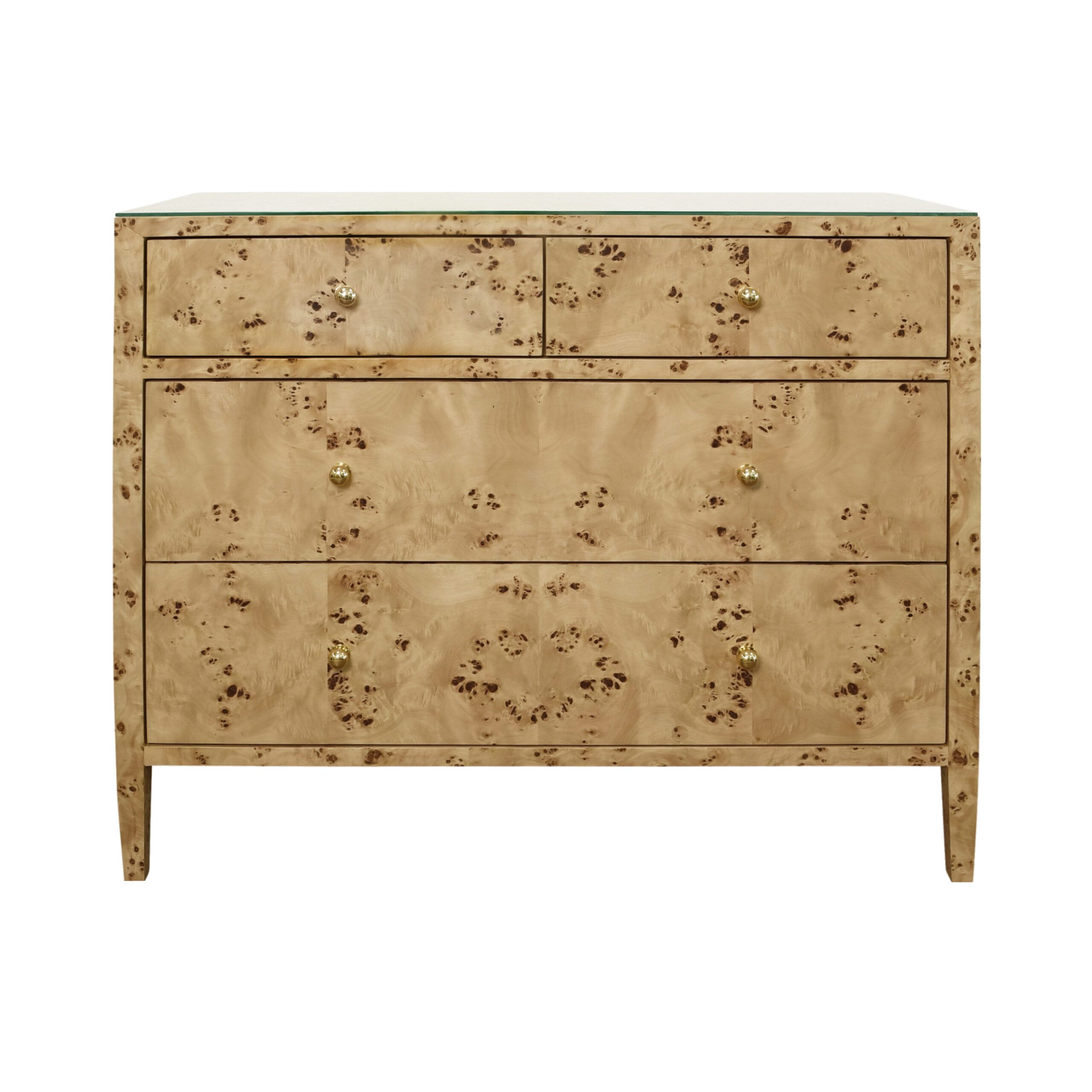 Four Drawer Chest In Burl Wood With Glass Top