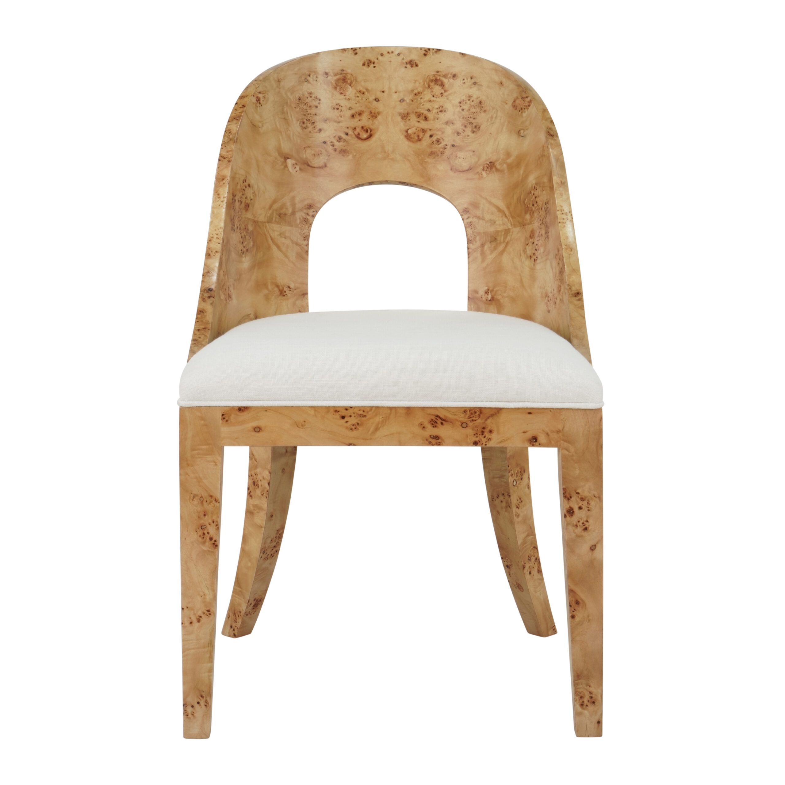 Curved Back Wooden Dining Chair In Burl Wood With Performance White Linen Upholstery