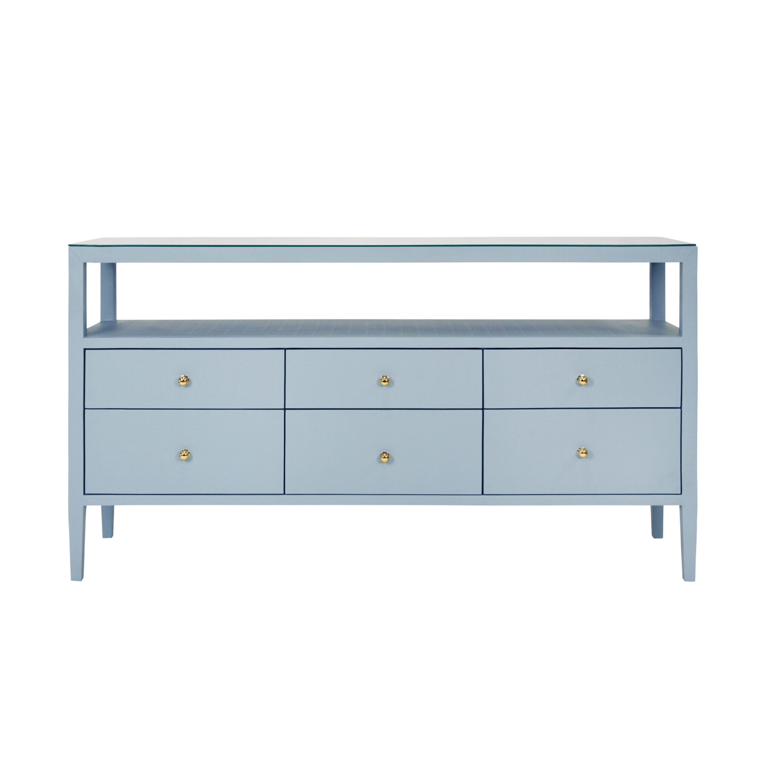 Six Drawer Console With Open Shelf In Textured Light Blue Linen With Polished Brass Knobs