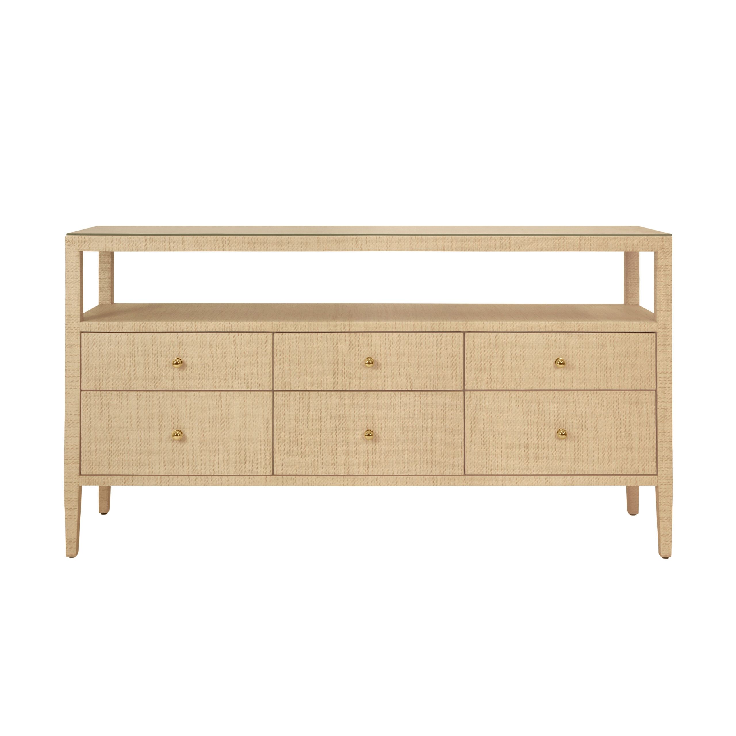 Six Drawer Console With Open Shelf In Natural Grasscloth With Polished Brass Knobs