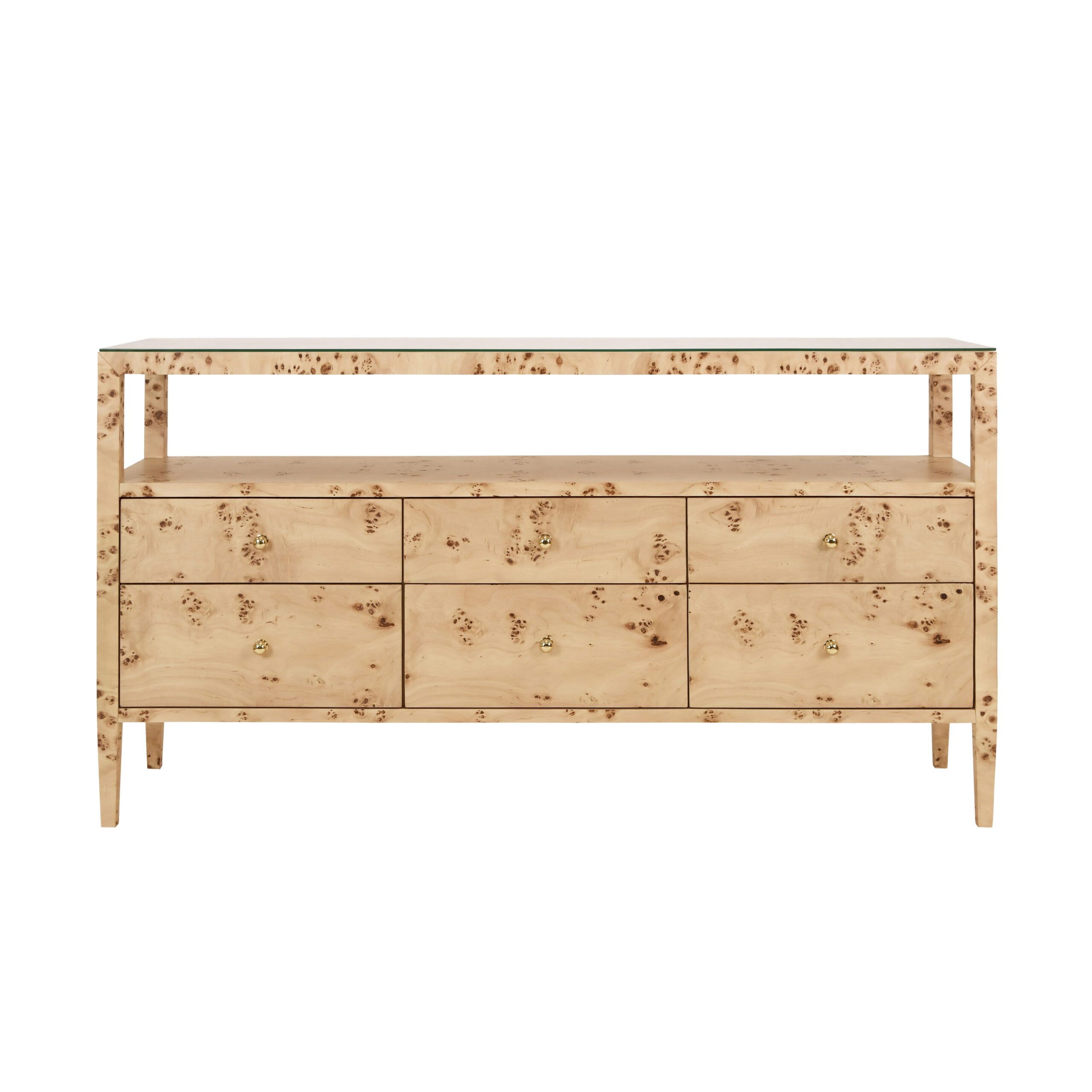 Six Drawer Console With Open Shelf In Burl Wood With Polished Brass Knobs