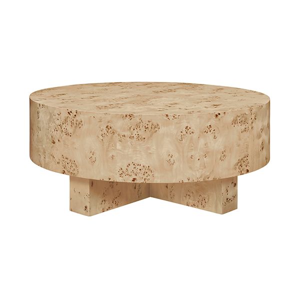 Thick Top Coffee Table With Cross Base In Burl Wood