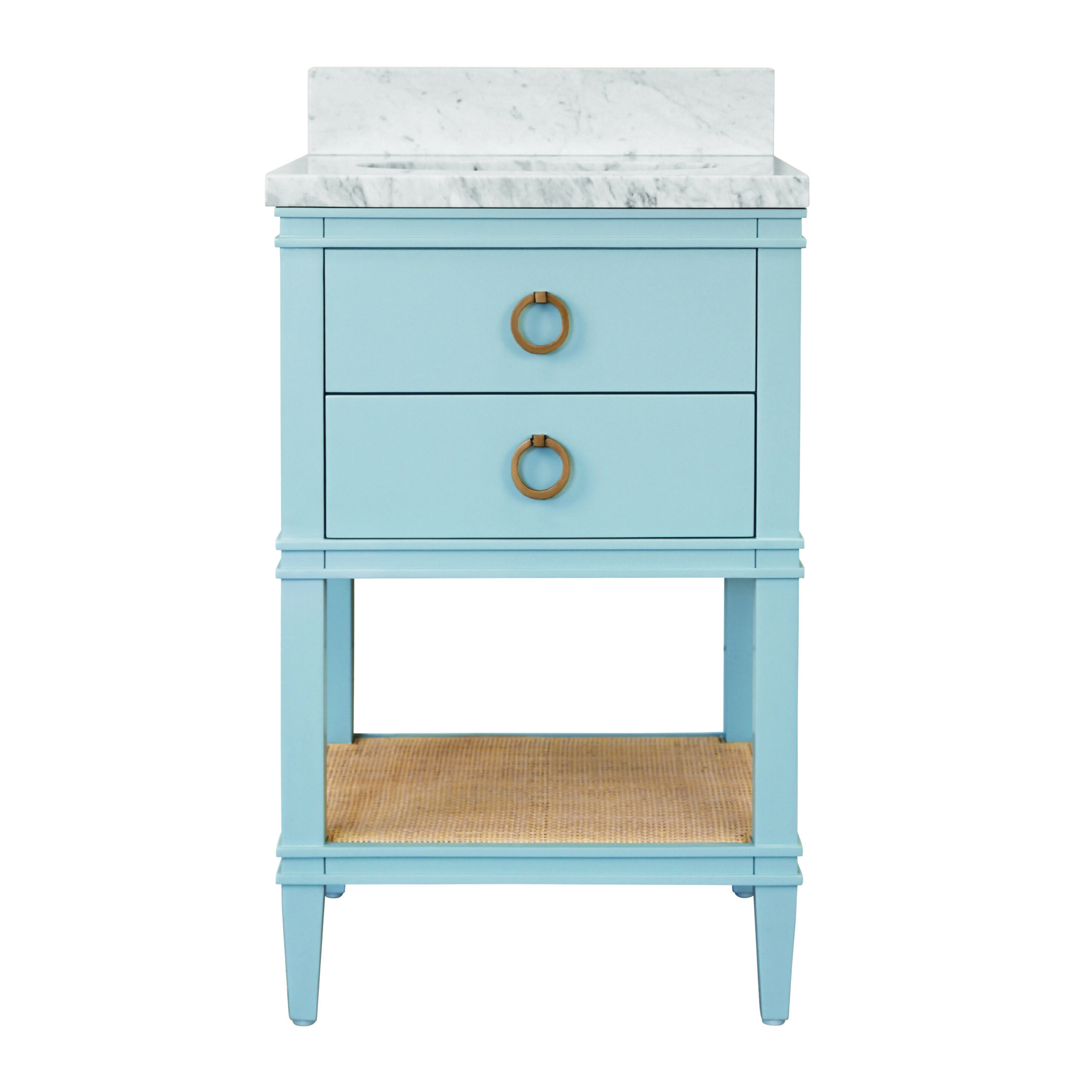Bath Vanity In Matte Light Blue Lacquer With Open Cane Shelf, White Marble Top, Porcelain Sink, And Antique Brass Ring Hardware