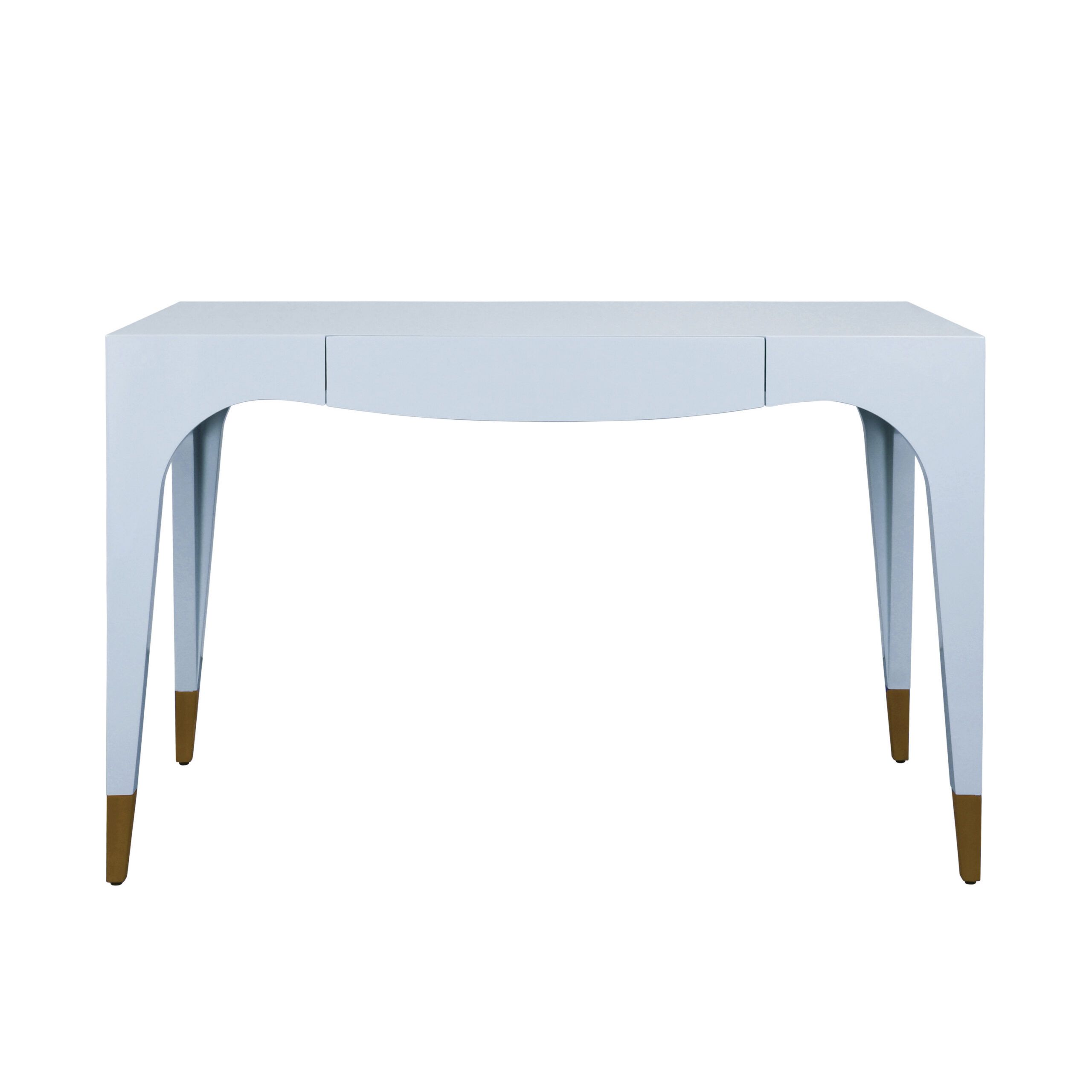 Tapered Leg, One Drawer Desk With Antique Brass Foot Caps In Light Blue Lacquer