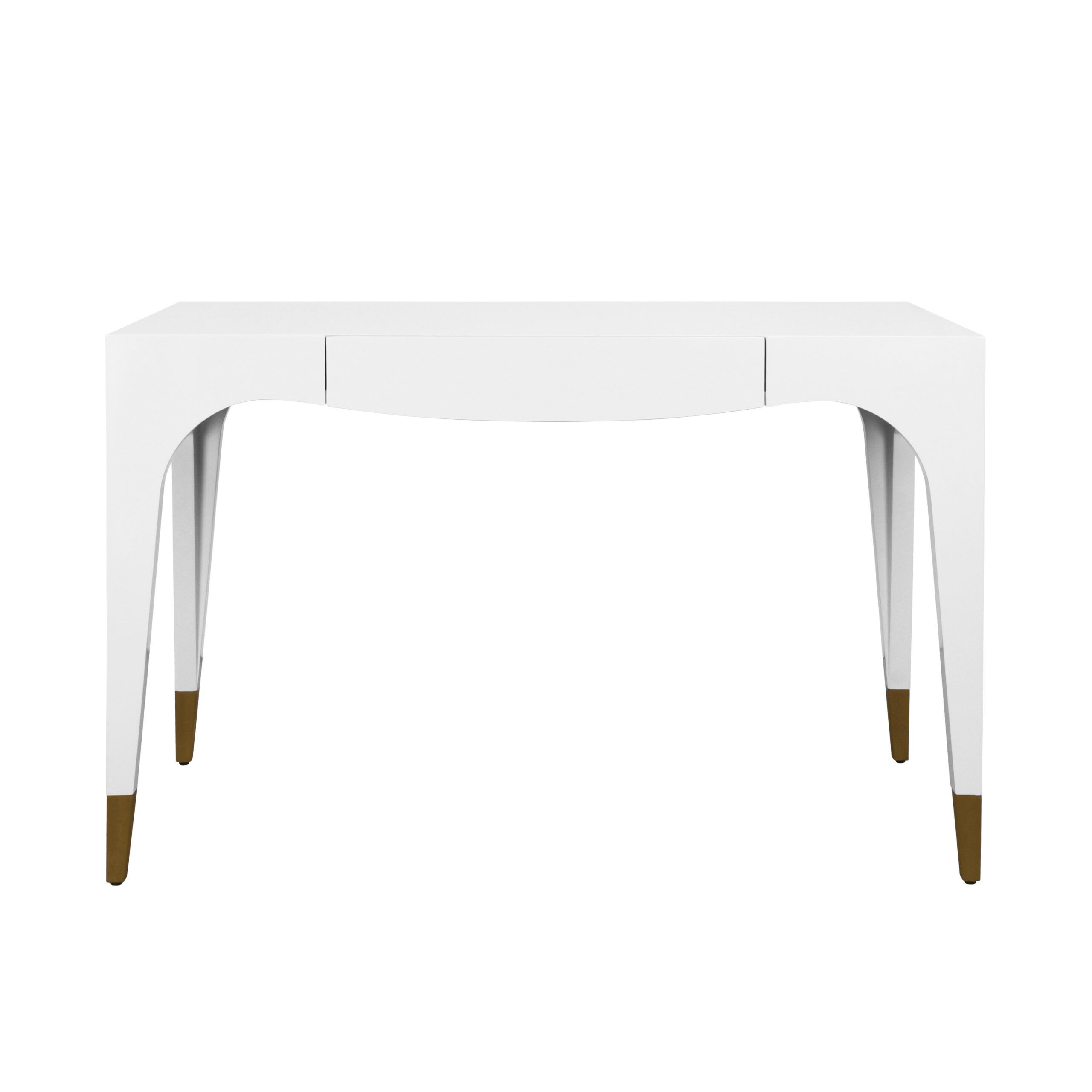 Tapered Leg, One Drawer Desk With Antique Brass Foot Caps In White Lacquer